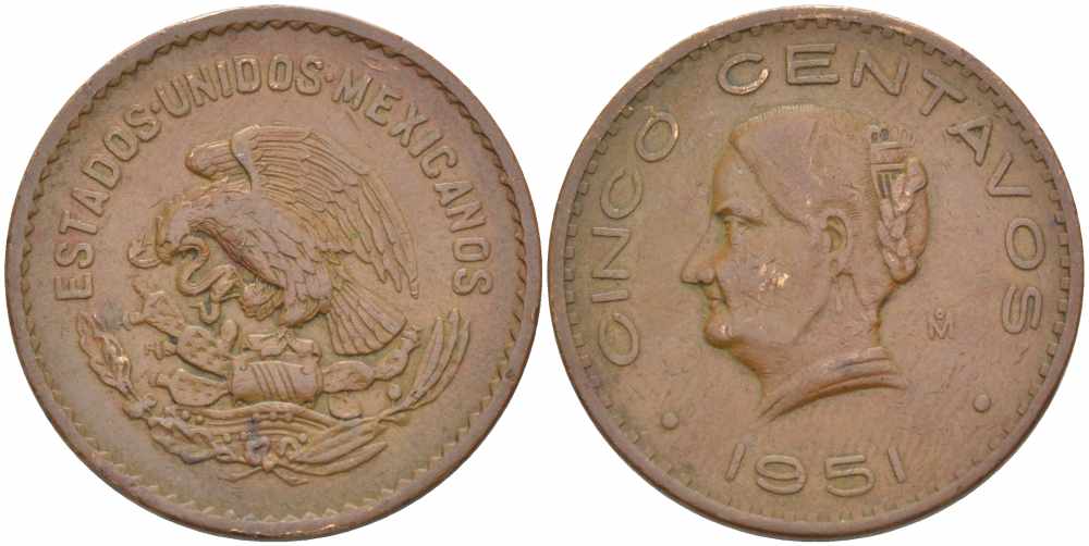 Мексика 5 сентаво 1951 Жозефа Ортис де Домингес KM 424 бронза 60-1335