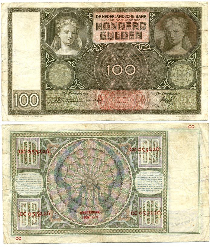 Нидерланды 100 гульденов 1939 01 июня 1939 Pick 51b  бумага   7147-24-2-1