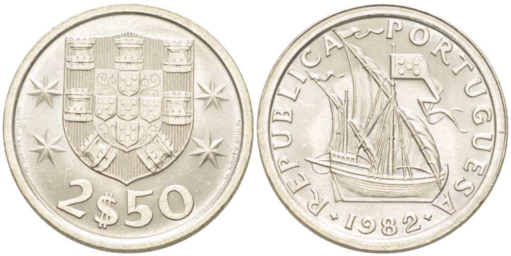 ПОРТУГАЛИЯ 2,5 ЭСКУДО 1982 ПАРУСНИК KM 590 медно-никель UNC 4513-1155