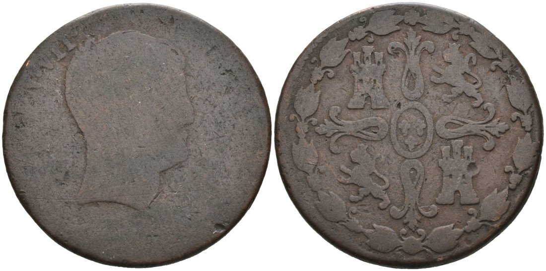 Испания 4 мараведи ND Фердинанд VII (1808-1833), первый портрет KM 427 (С61) медь 4572-425