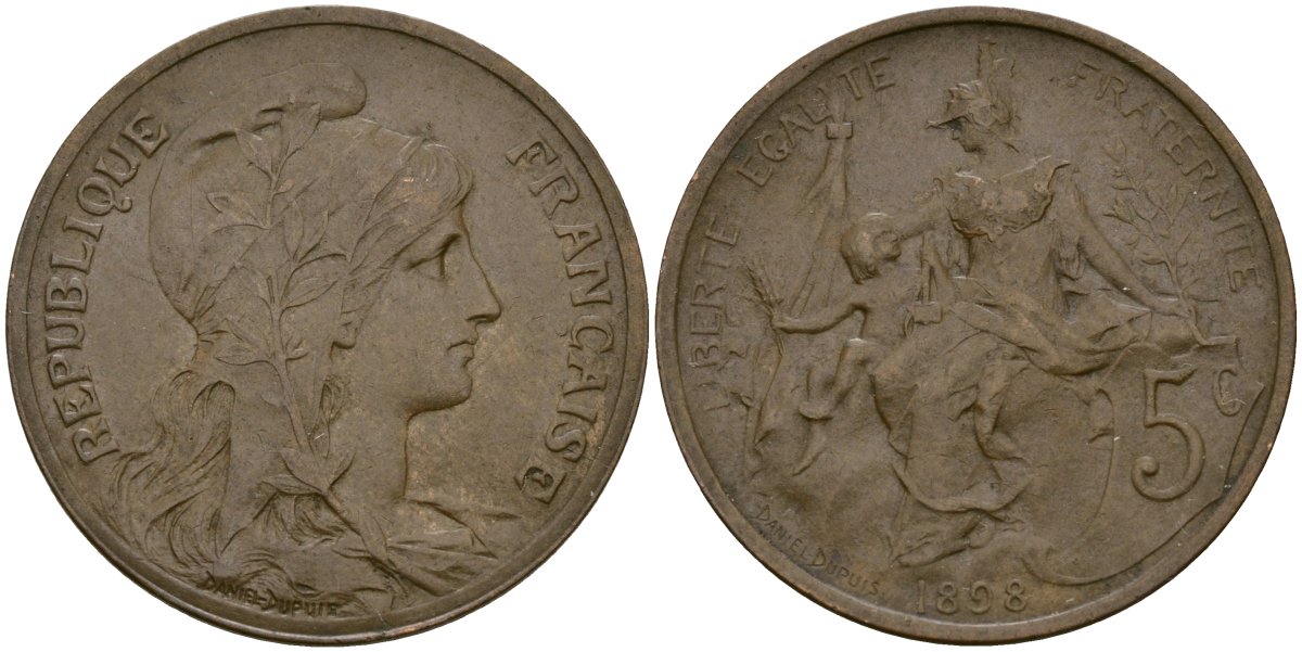 Франция 5 сантимов 1898 KM 842, Le Franc 119.5 бронза 4168-1045