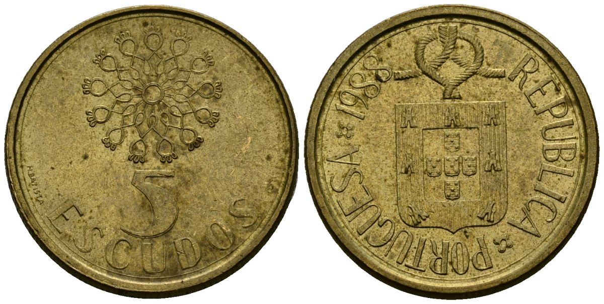 Португалия 5 эскудо 1988 KM 632 никель латунь 4138-215