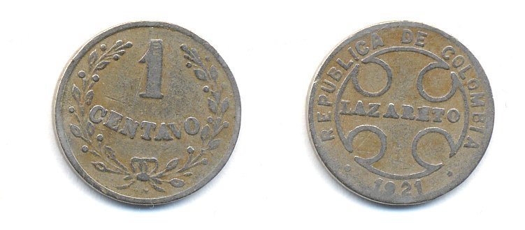 Колумбия 1 сентаво 1921 государственный лепрозорий KM L9 медно-никель 53-434