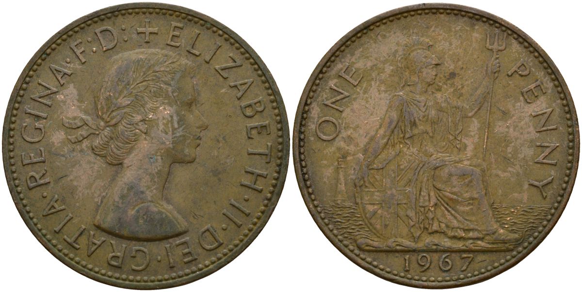 Великобритания 1 пенни 1967 Елизавета II (1952-2022) KM 897, Spink 4157 бронза 4149-323