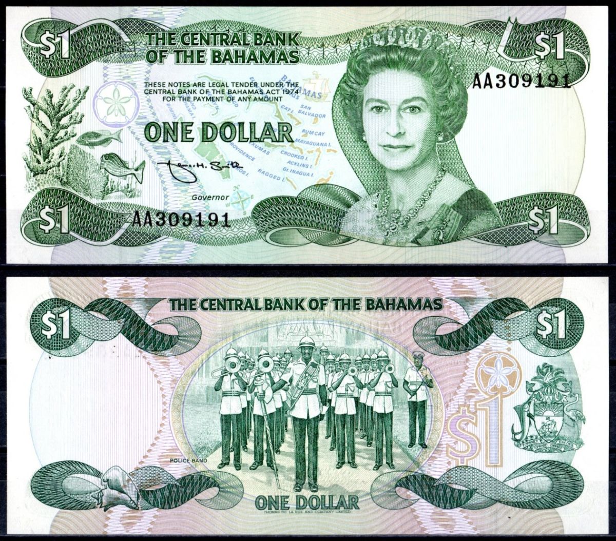 Багамский Острова (Багамы) 1 доллар 1974 (1984) королева Елизавета II (1952-2022), полицейский оркестр Pick 43 b бумага UNC (пресс) 8615-48-2-2
