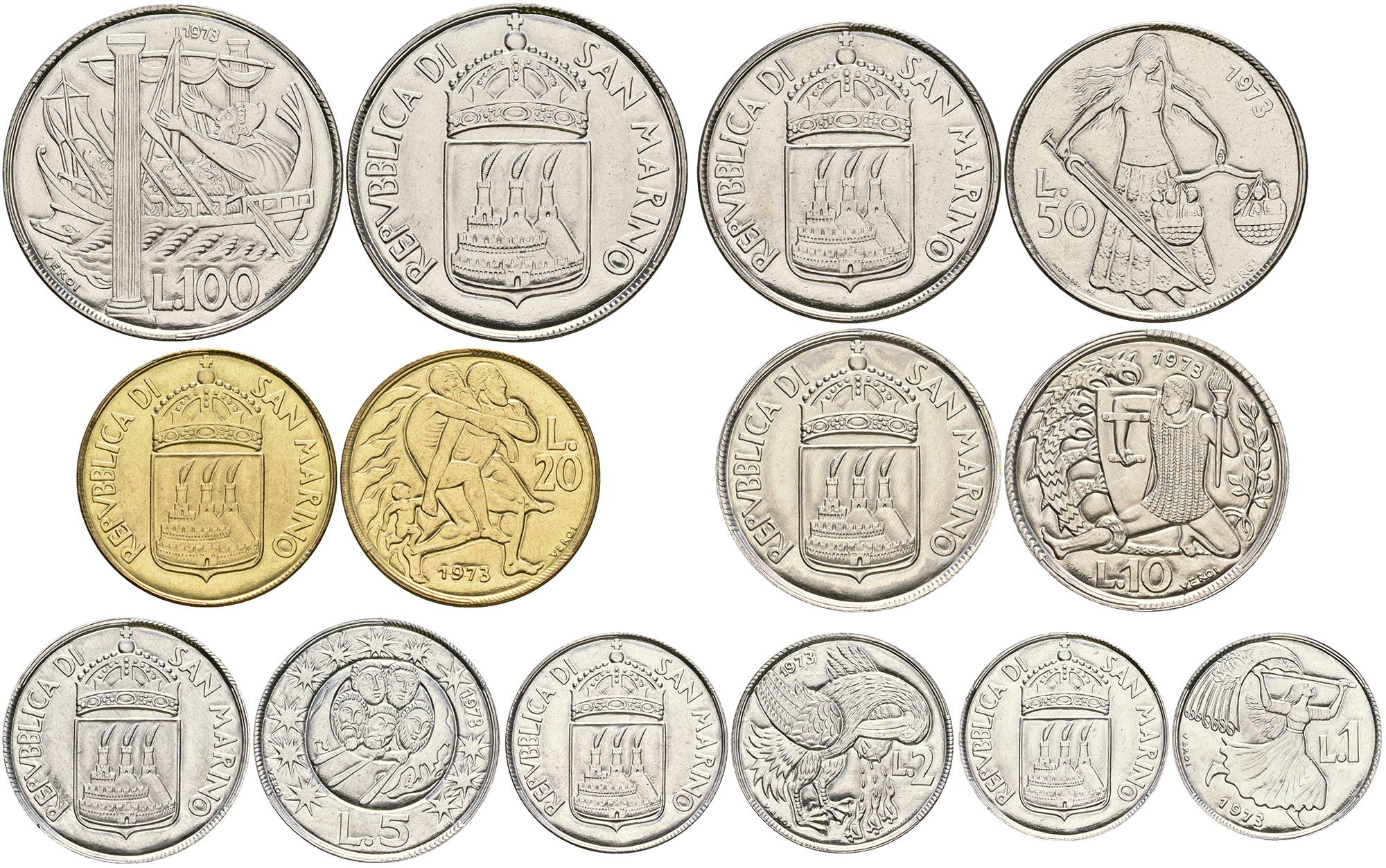 Сан-Марино годовой набор из 7 монет 1973 1, 2, 5, 10, 20, 50 и 100 лир KM 22-28 UNC 3-6-4-46