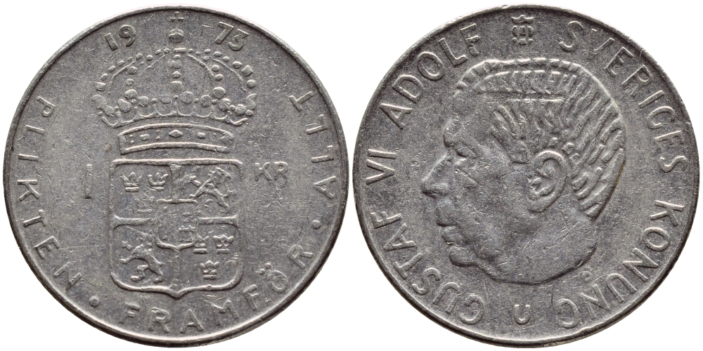 Швеция 1 крона 1973 Густав VI Адольф (1950-1973) KM 826а медь плакированная медно-никелем 4395-157