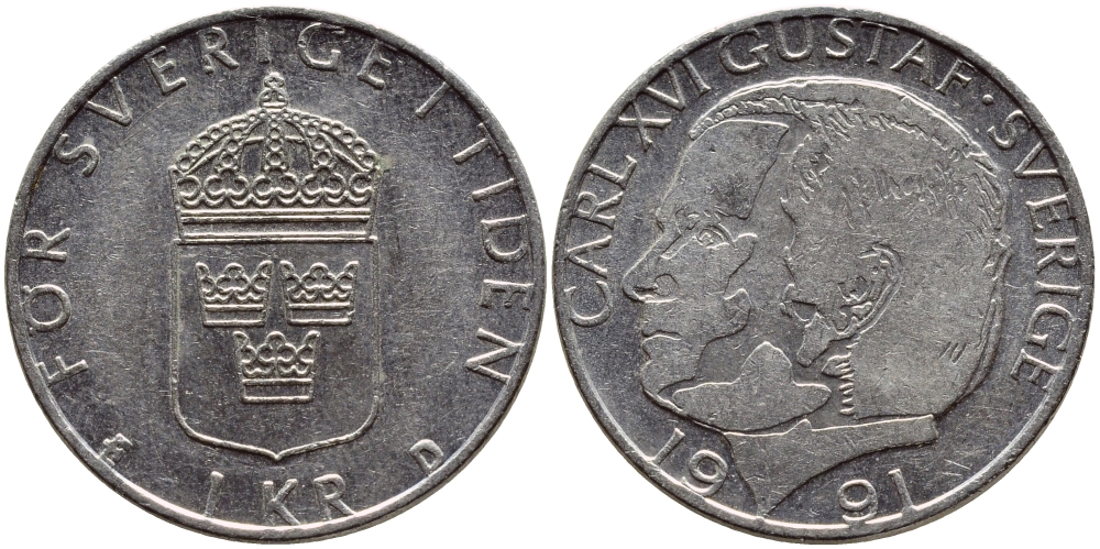 Швеция 1 крона 1991 Карл XVI Густав (1973- ) KM 852a медно-никель 4384-147
