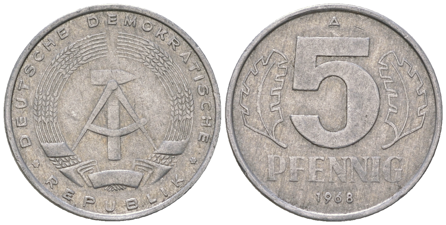 ГДР 5 пфеннигов 1968 A KM 9.1 алюминий 4625-235