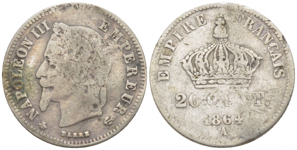 ФРАНЦИЯ 20 САНТИМОВ 1864 А KM 805.1 серебро 105-548