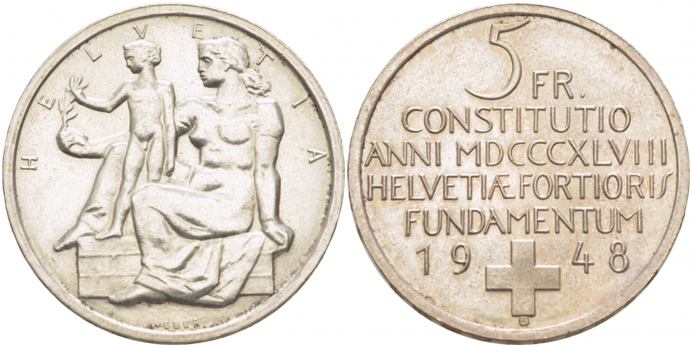 Швейцария 5 франков 1948 100 лет конституции Швейцарии KM 48 серебро aUNC 3896-413