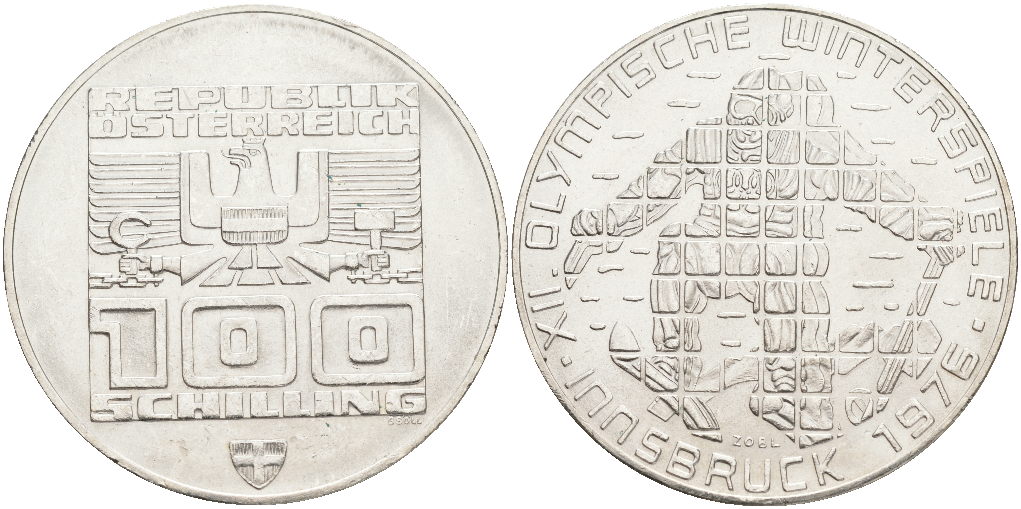 Австрия 100 шиллингов 1974 XII зимние Олимпийские игры в Инсбруке, лыжник KM 2928 серебро 4552-1025