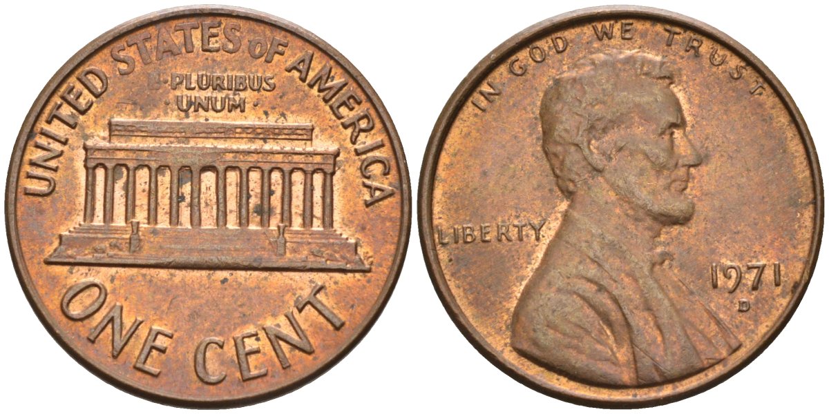 США 1 цент 1971 D, Линкольн KM 201 медь цинк 4115-915