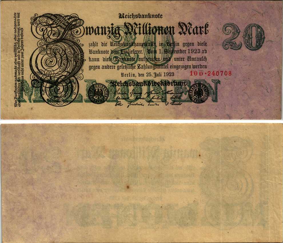 ГЕРМАНИЯ 50000000 МАРОК 1923 25 ИЮЛЯ 1923, ШЕСТЬ ЦИФР В НОМЕРЕ СЕРИИ Pick 97b бумага 6293-20-3