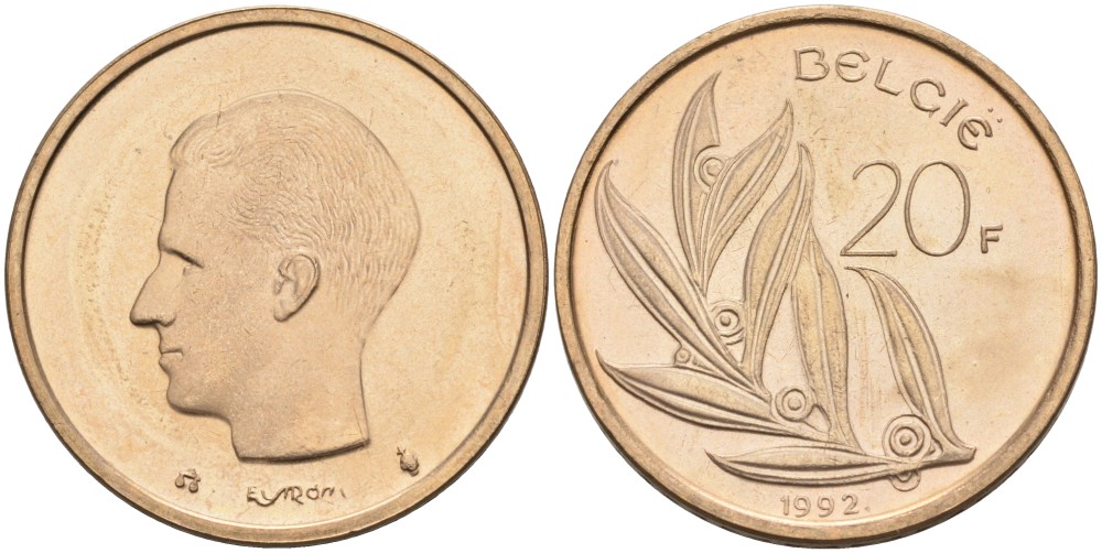 Бельгия 20 франков 1992 Belgie KM 160 никель бронза UNC 189-1012