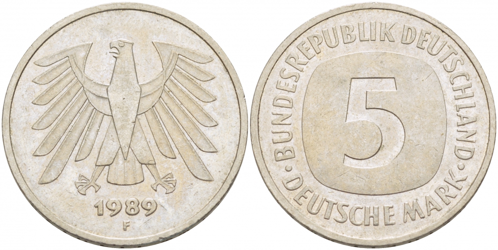 ФРГ 5 МАРОК 1989 F, KM 140.1 медно-никель плакированный никелем 115-822
