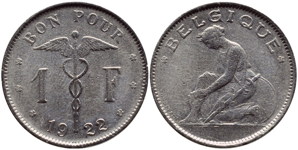 Бельгия 1 франк 1922 Belgique, Альберт I (1910-1934) KM 89 никель 86-1424