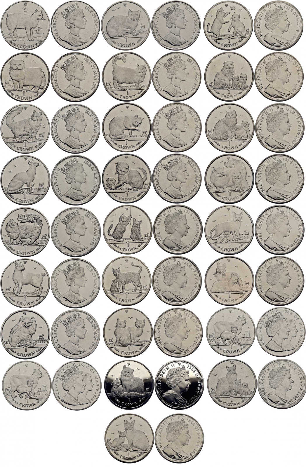 ОСТРОВ МЭН КОЛЛЕКЦИЯ ИЗ 25 МОНЕТ ПО 1 КРОНЕ 1988-2014 КОШКИ МЭНА (НЕТ 1990 И 2008) медно-никель UNC M95-02