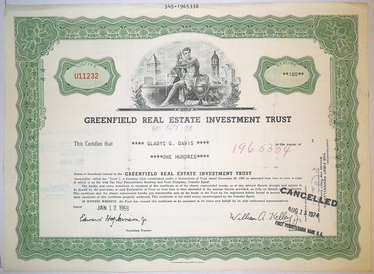 США, Greenfield Real Estate Investment Trusts 100 акций 1968 бумага 8805-37-1
