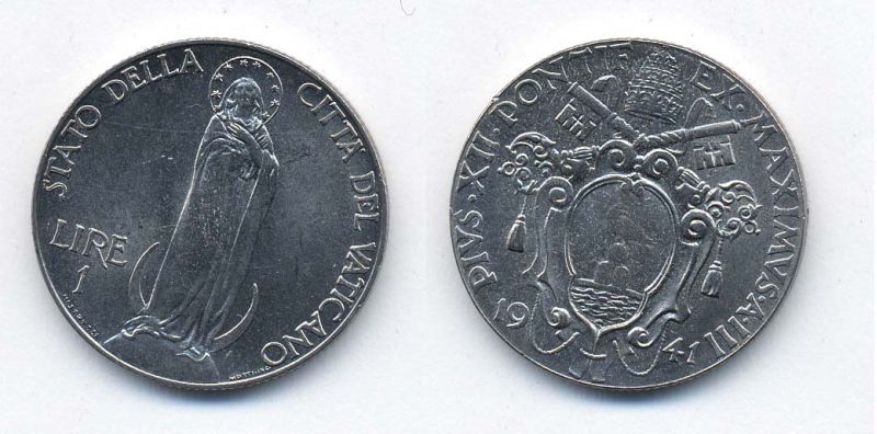 Ватикан 1 лира 1941 Пий XII, Дева Мария KM 26 a сталь UNC 41-422