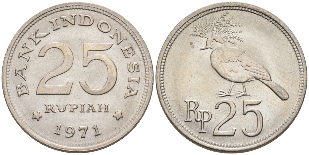 Индонезия 25 рупий 1971 венценосный голубь KM 34 медно-никель UNC 192-425