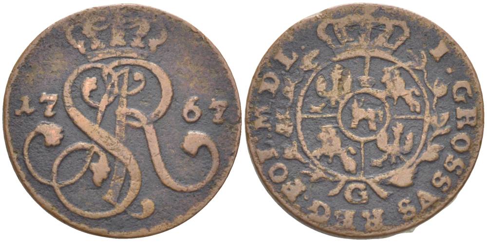 Польша 1 грош 1767 G, Станислав Август Понятовский (1764-1794), вес 3,44 гр. KM 177 (C38), Gumowski 2342 медь 1517-833