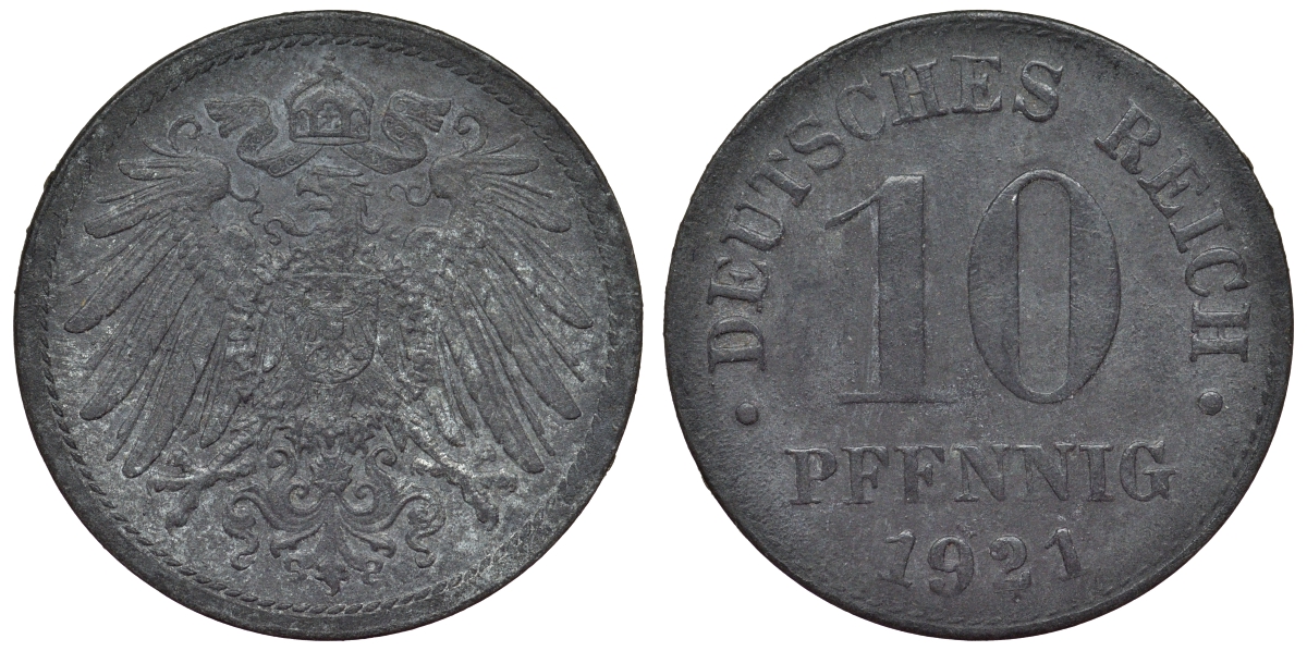 Германия 10 пфеннигов 1921 KM 26, J. 299, Weege 8 цинк 4119-411