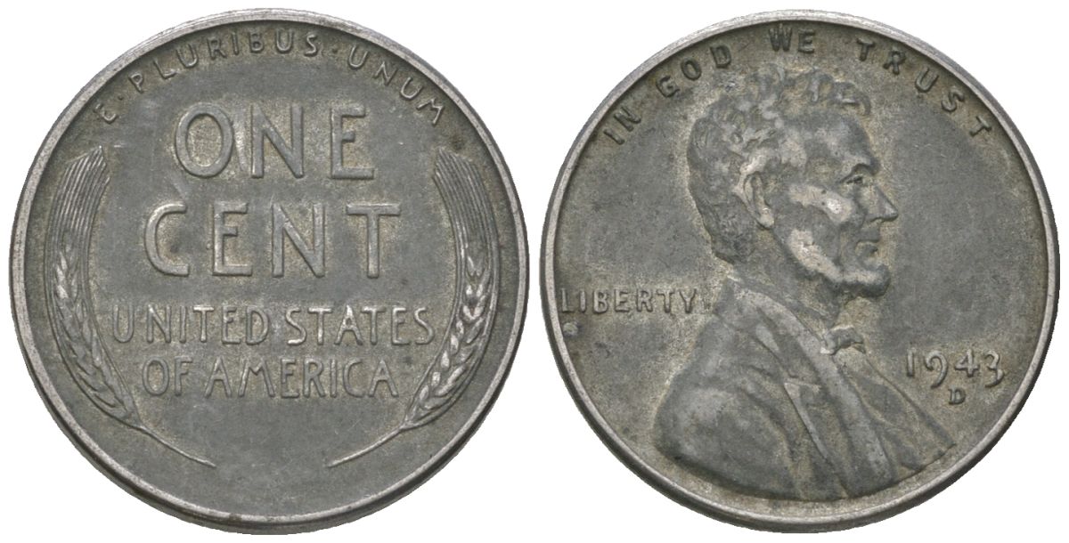 США 1 цент 1943 D, Авраам Линкольн KM 132 a сталь покрытая цинком 214-257