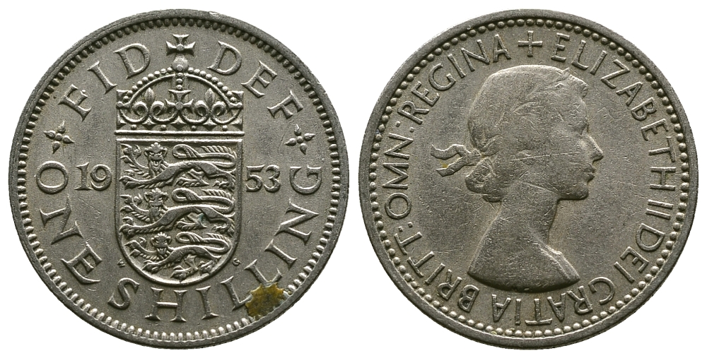 Великобритания 1 шиллинг 1953 Елизавета II (1952-2022), Английский герб KM 890, Spink 4139 медно-никель 4384-244
