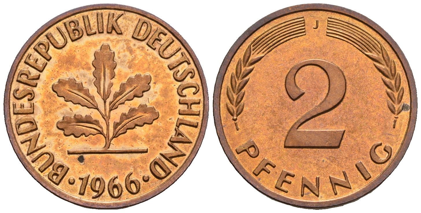 ФРГ 2 пфеннига 1966 J KM 106, J.381 бронза PROOF 1094-7-71