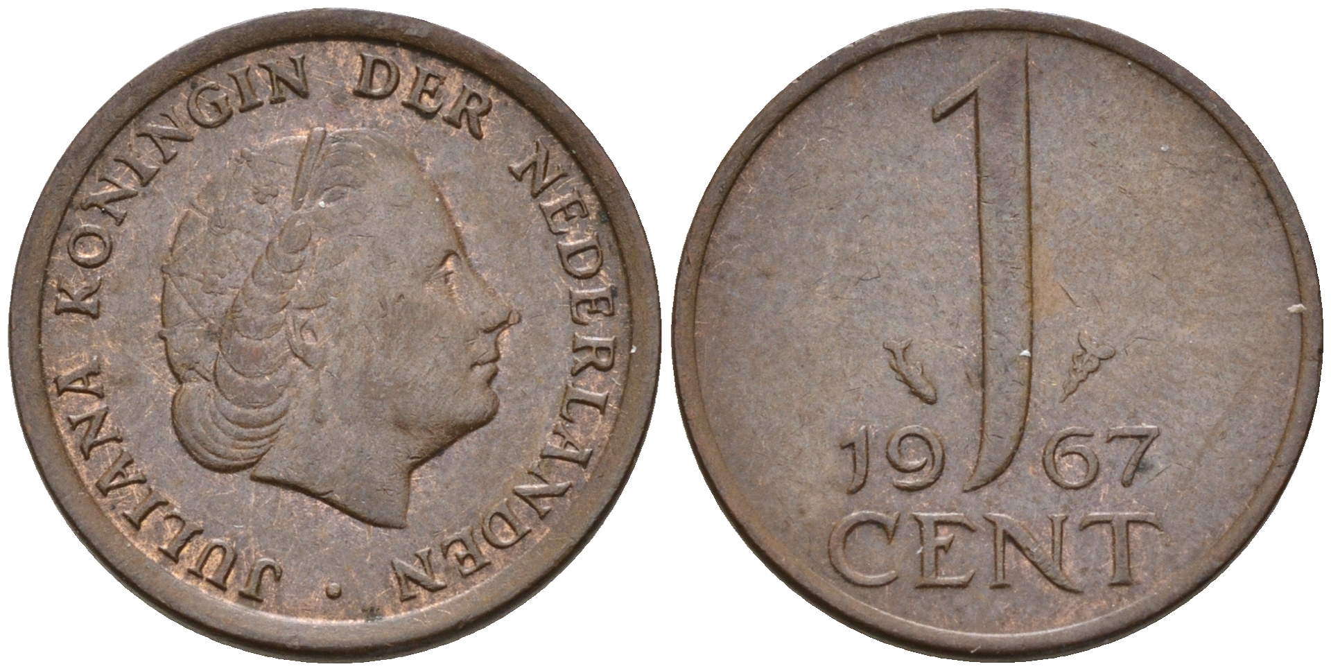 Нидерланды 1 цент 1967 Юлиана (1948-1980) КМ 180 бронза    4602-462