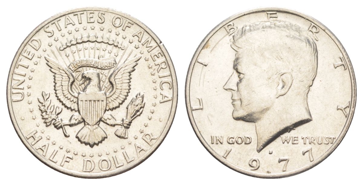 США 1/2 доллара (50 центов) 1977 D, Джон Кеннеди KM A202b медь плакированная медно-никелем aUNC 4536-1126