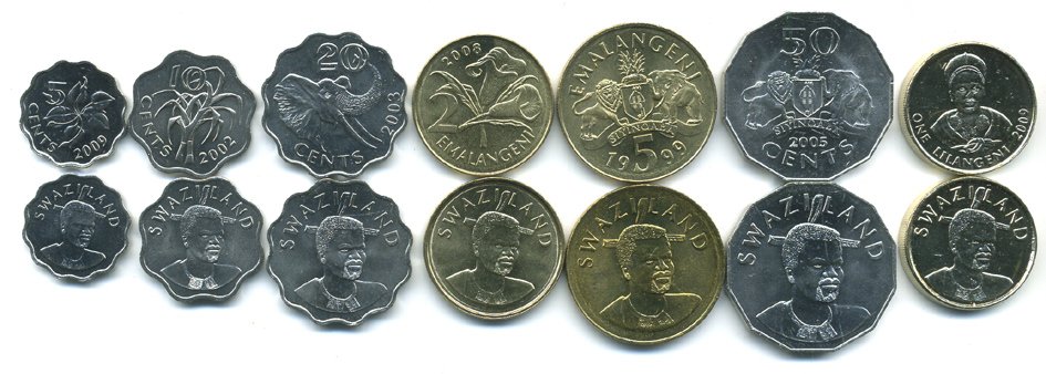 Свазиленд лот из 7 монет 1999-2009 5, 10, 20, 50 центов, 1, 2, 5 емалангени UNC M76-07