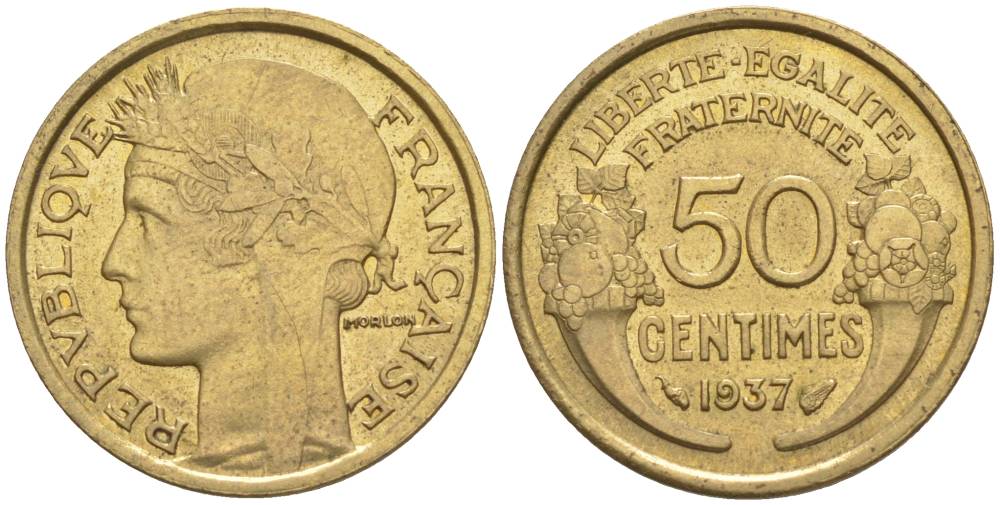ФРАНЦИЯ 50 САНТИМОВ 1937 ТИП MORLON KM 894.1, LE FRANC 192.13 алюминиевая бронза 44-744