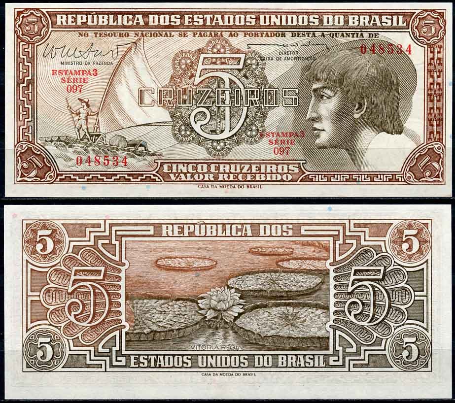 Бразилия 5 крузейро ND (1961-1962) серия 097, парсуник, индеец Pick 166 b бумага UNC (пресс) 2196-39-2-2