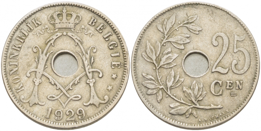 БЕЛЬГИЯ 25 САНТИМОВ 1929 BELGIE KM 69 медно-никель 87-1543
