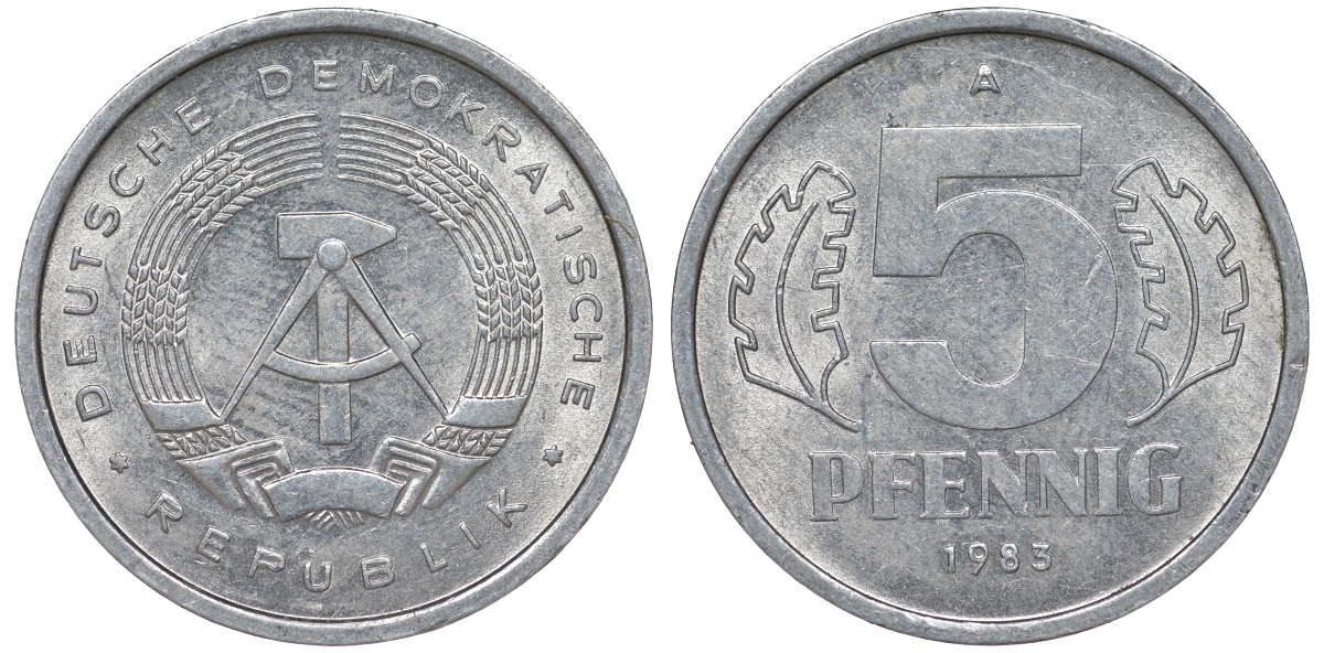 ГДР 5 ПФЕННИГОВ 1983 A КМ 9.2 алюминий 62-532