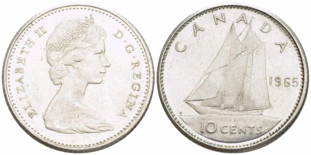 Канада 10 центов 1965 Елизавета II (1952-2022), парусник KM 61 серебро 105-538