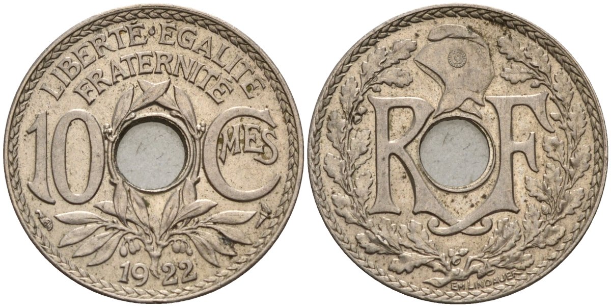 Франция 10 сантимов 1922 KM 866a, LE FRANC 138.3 медно-никель 4143-613