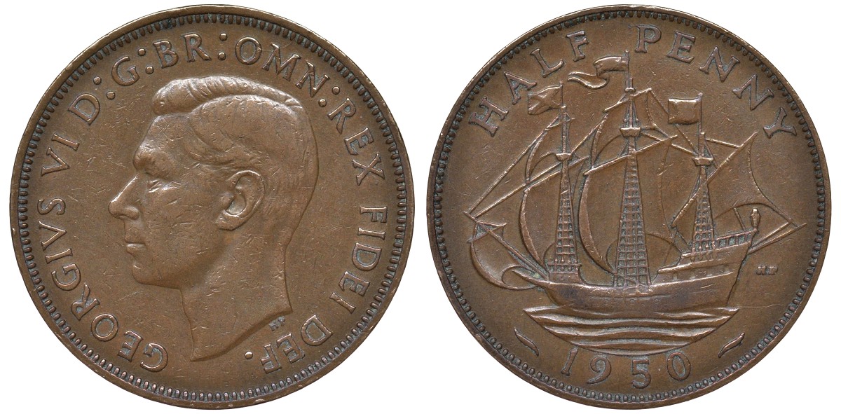 Великобритания 1/2 пенни 1950 Георг VI (1936-1952) KM 868, Spink 4118 бронза 4122-815