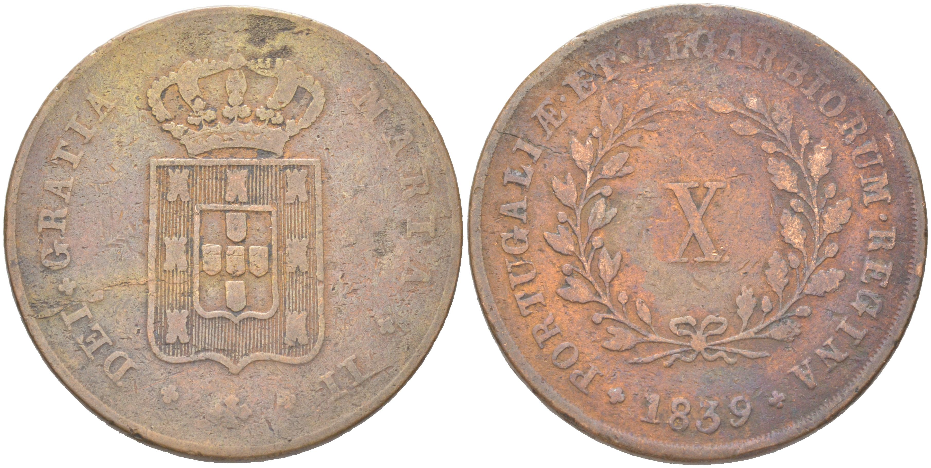 Португалия 10 реалов 1839 Луиш I (1861-1889) KM 409 медь 4162-145