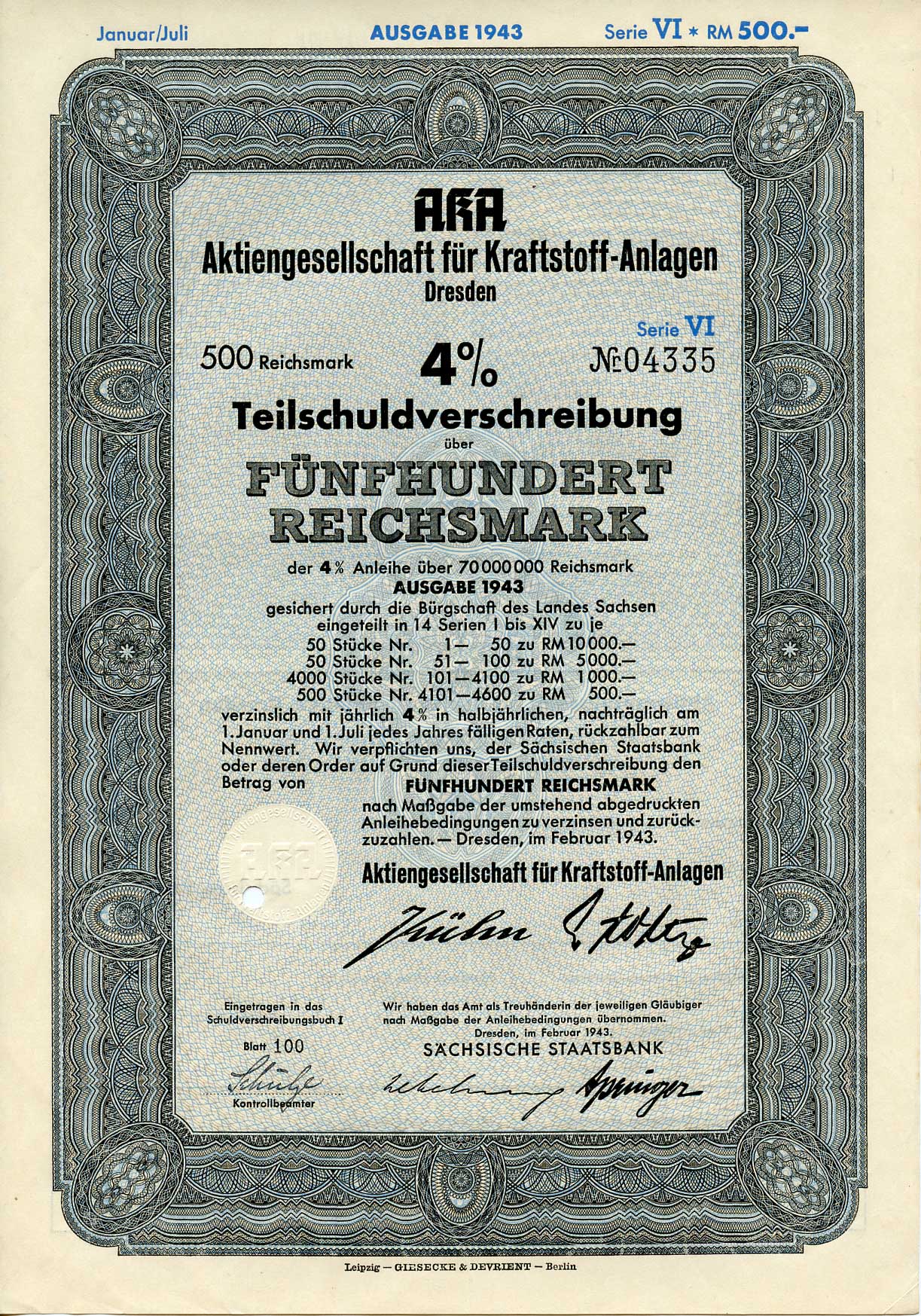 Германия 500 рейхсмарок 1943 АО топливных заводов, Дрезден, также известное как AKA, 4%частичное обязательство, серия XIV, облигация   бумага   8802-51-1