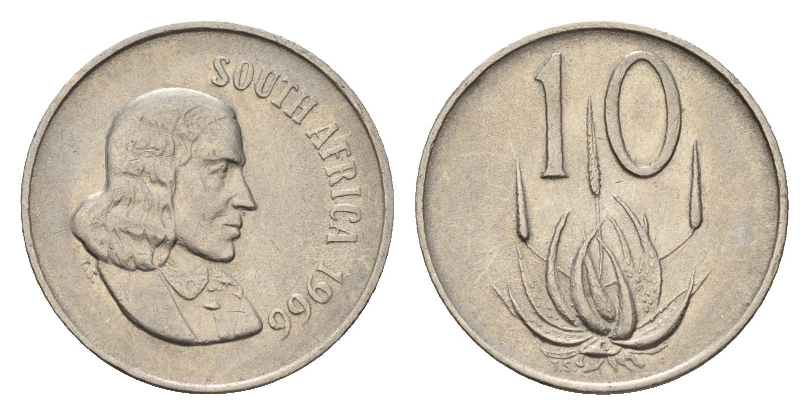 ЮАР 10 центов 1966 Ян ван Рибек (1619-1677), South Africa, легенда на африкаанс, цветок алоэ KM 68.1 никель 4687-328