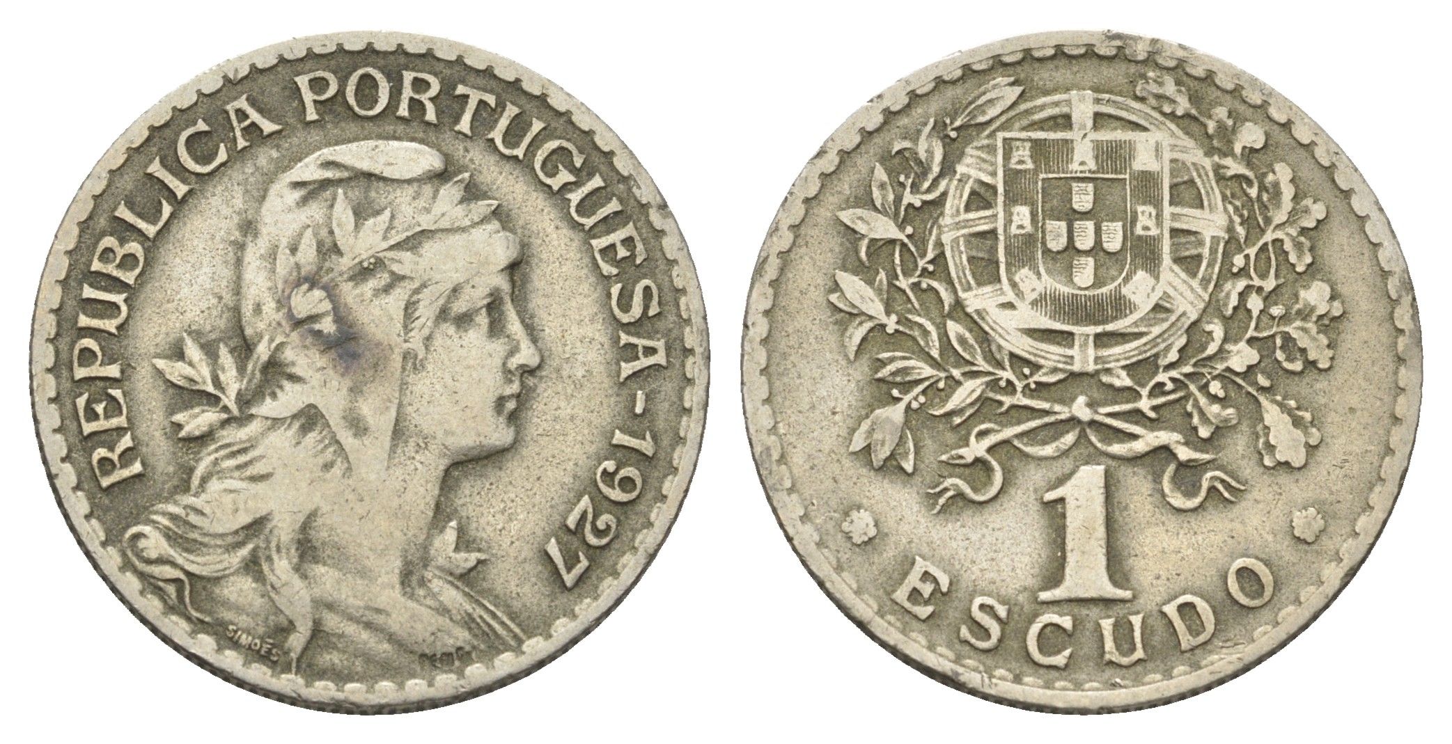 Португалия 1 эскудо 1927 голова Свободы вправо KM 578 никель латунь    4660-341