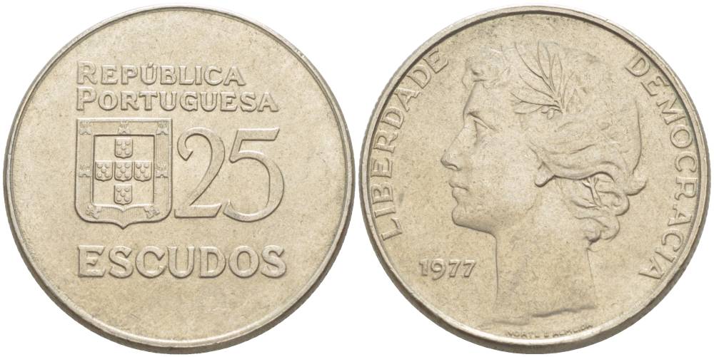 ПОРТУГАЛИЯ 25 ЭСКУДО 1977 KM 607 медно-никель 4542-816
