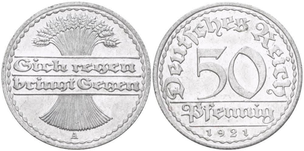ГЕРМАНИЯ 50 ПФЕННИГОВ 1921 A KM 27, J. 301, Weege 10 алюминий 261-733