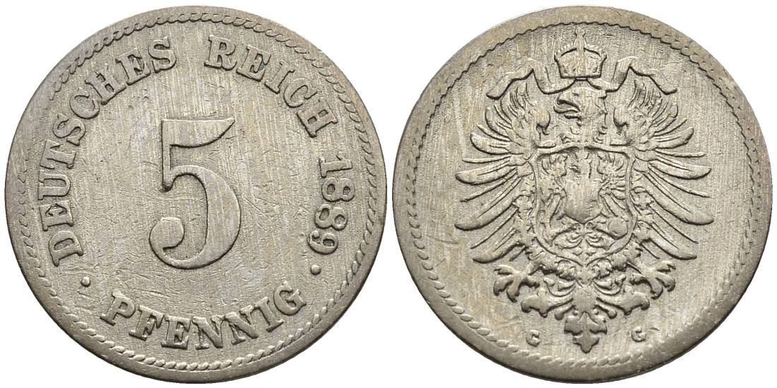 ГЕРМАНИЯ 5 ПФЕННИГОВ 1889 G, СТАРОГЕРБОВКА, РЕДКАЯ KM 3, Jager 3, Weege 5 медно-никель 4547-312