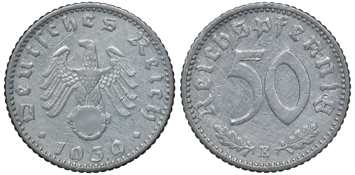Германия 50 рейхспфеннигов 1939 E цена по каталогу МТ 70 евро J. 372, KM 96 алюминий aUNC 72-1253