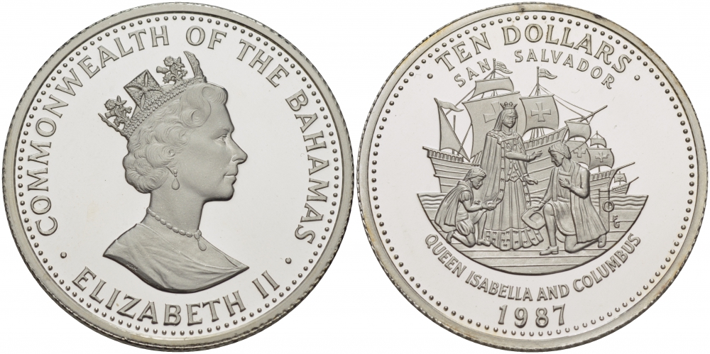 Багамские острова 10 долларов 1987 Сан-Сальвадор, королева Изабелла и Колумб KM 120 серебро PROOF 05-095-12