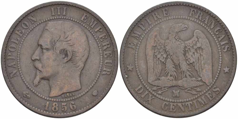 Франция 10 сантимов 1856 MA, Наполеон III (1852-1870) KM 771.6, Le Franc 133.37 бронза    4680-611